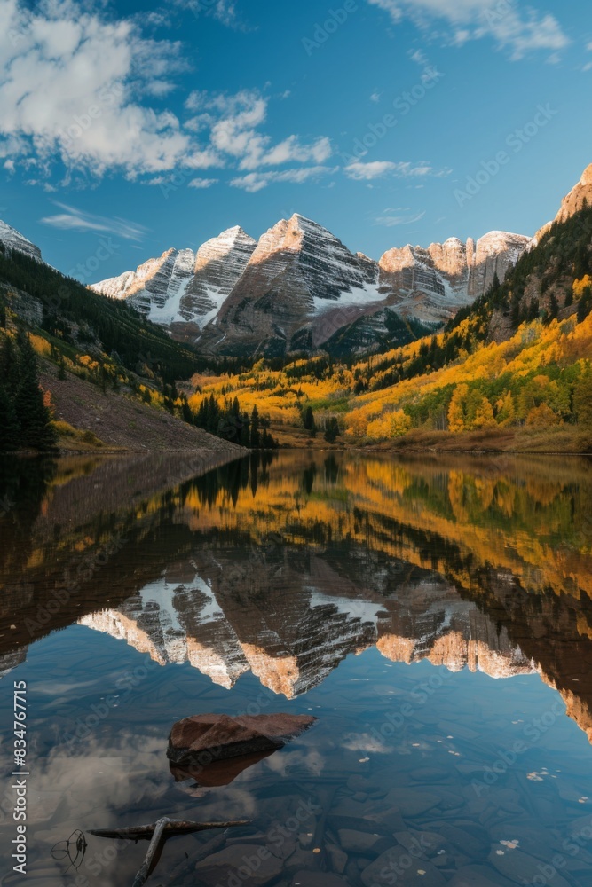 Fototapeta premium Stunning Colorado Landscape with SnowCapped Mountains and Autumn Foliage Reflections in CrystalClear Lake
