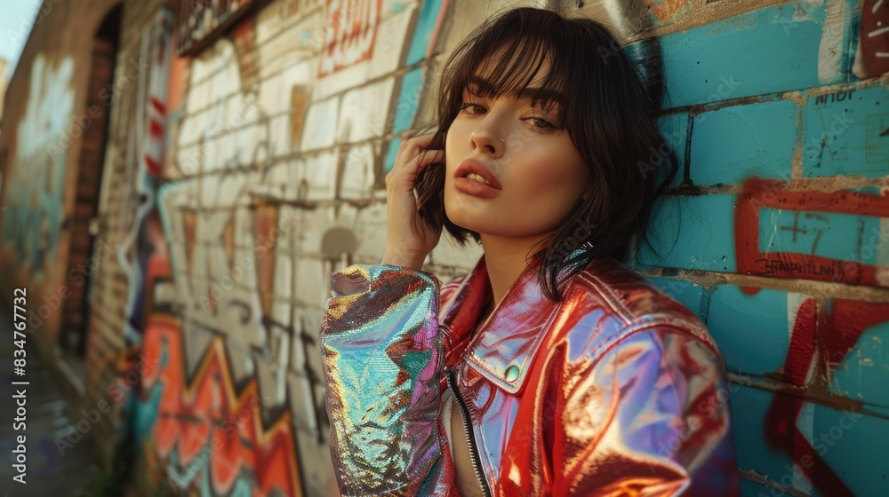 Urban Fashion Model Posing Against Graffiti Wall in Stylish Metallic Jacket Urban Fashion Model Posing Against Graffiti Wall in Stylish Metallic Jacket