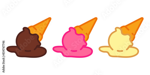 Logo ice cream. Grupo de bola de helado en cono de waffle sabores fresa, chocolate y vainilla cayendo y derritiéndose