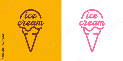 Logo ice cream. Silueta con líneas de cono de waffle con bola de helado en sabores fresa y chocolate con texto manuscrito ice cream