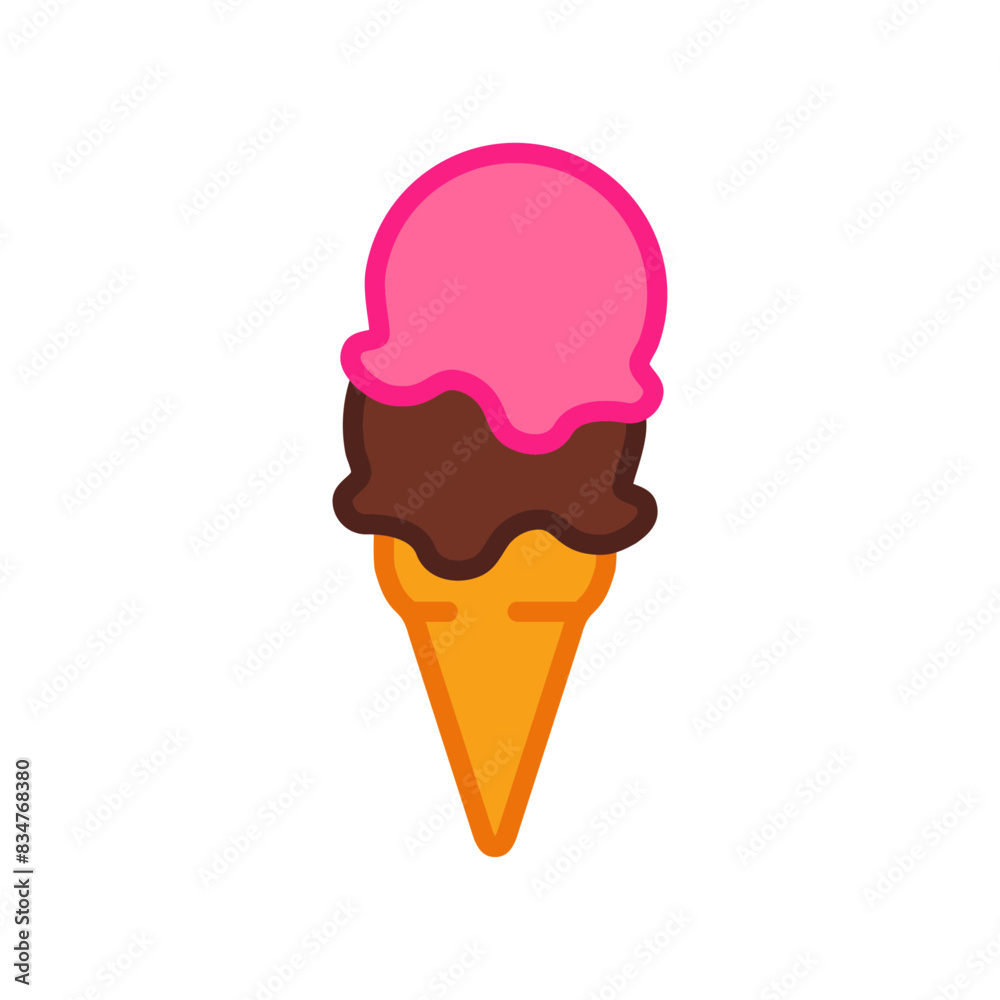 Logo ice cream. Cono de waffle con 2 bolas de helado en sabores fresa y chocolate