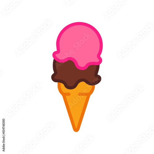Logo ice cream. Cono de waffle con 2 bolas de helado en sabores fresa y chocolate