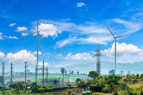 Wind turbines on hill in the khao kho park, Thailand. Clean energy, eco power energy, Green energy. photo