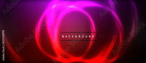 Neon glowing circle rays, light round lines in the dark, planet style neon wave lines. Energetic electric concept design for wallpaper, banner, background
