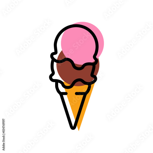 Logo ice cream. Silueta con líneas y relleno de cono de waffle con 2 bolas de helado en sabores fresa y chocolate