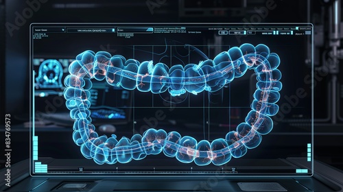 A detailed medical x-ray HUD hologram in a minimalistic style, displaying the human large intestine. The design is clean and clear, with a focus on transparency and a cool color palette for enhanced photo