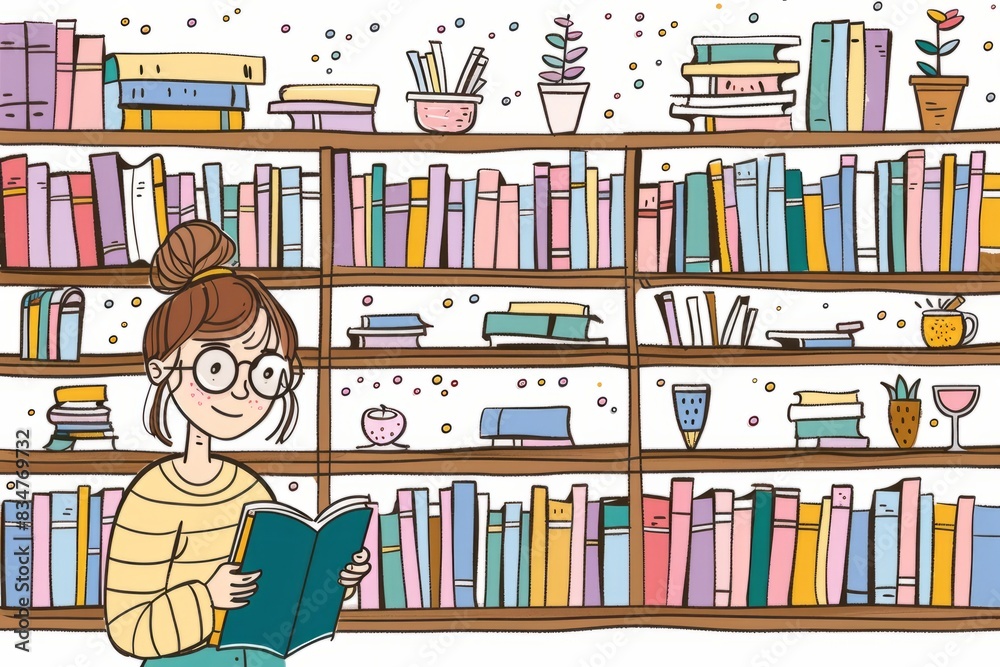 Cartoon cute doodles of a librarian organizing books on shelves, Generative AI Cartoon cute doodles of a librarian organizing books on shelves, Generative AI
