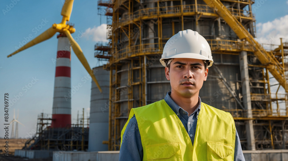 Arbeiter mit Sicherheitshelm steht vor Windkraftanlage Arbeiter mit Sicherheitshelm steht vor Windkraftanlage