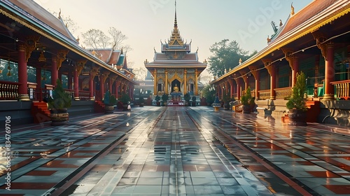 Majestic Thai Temple with Ornate Golden Architecture and Spires in Thailand photo