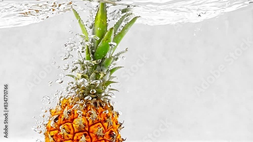 Ripe pineapple being dropped into a crystal clear water filmed in slow motion on white background. Liquid creates splashes when exotic fruit submerges showcasing freshness and juiciness. Tropical food photo