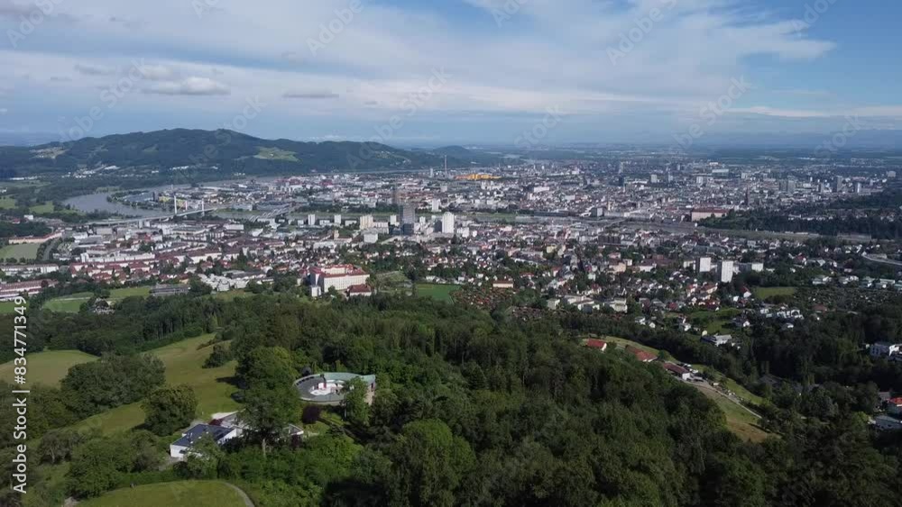 Scenic flight towards Linz in Upper Austria from Mount Pöstlingberg Scenic flight towards Linz in Upper Austria from Mount Pöstlingberg