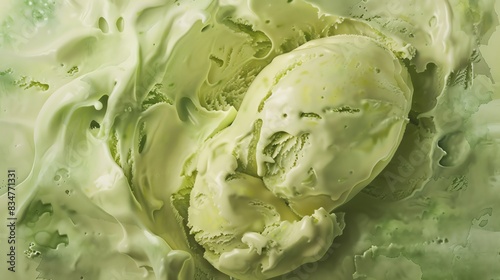 A detailed watercolor painting showing the texture of a creamy scoop of pistachio ice cream, with a rich, green background that enhances the flavors visual appeal © Tanawut