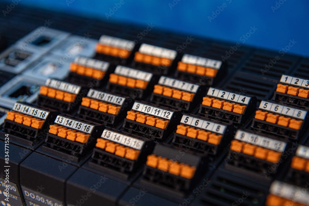 Analog and digital inputs of the Programmable Logic Controller PLC. Selective focus. Analog and digital inputs of the Programmable Logic Controller PLC. Selective focus.