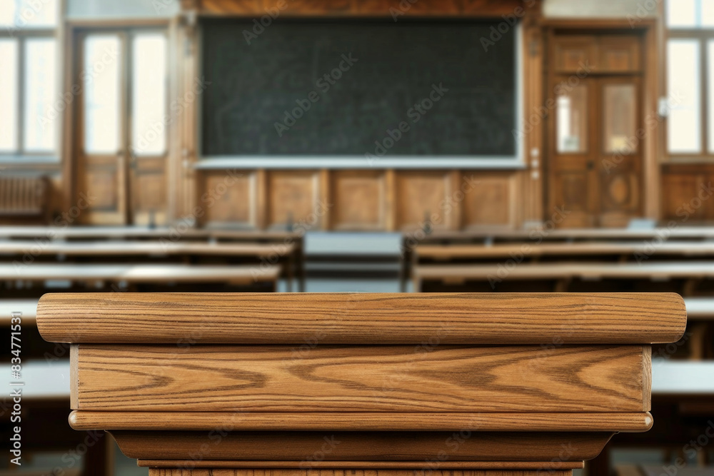 Fototapeta premium A wooden lectern in the foreground with a blurred background of a university lecture hall. The background includes rows of seating, a large screen or chalkboard. 