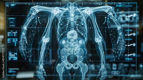 A clean, minimalistic medical x-ray hologram interface displaying the human corpus luteum. The design features clear, sharp lines and a cool color palette of blue and white to highlight key areas. photo