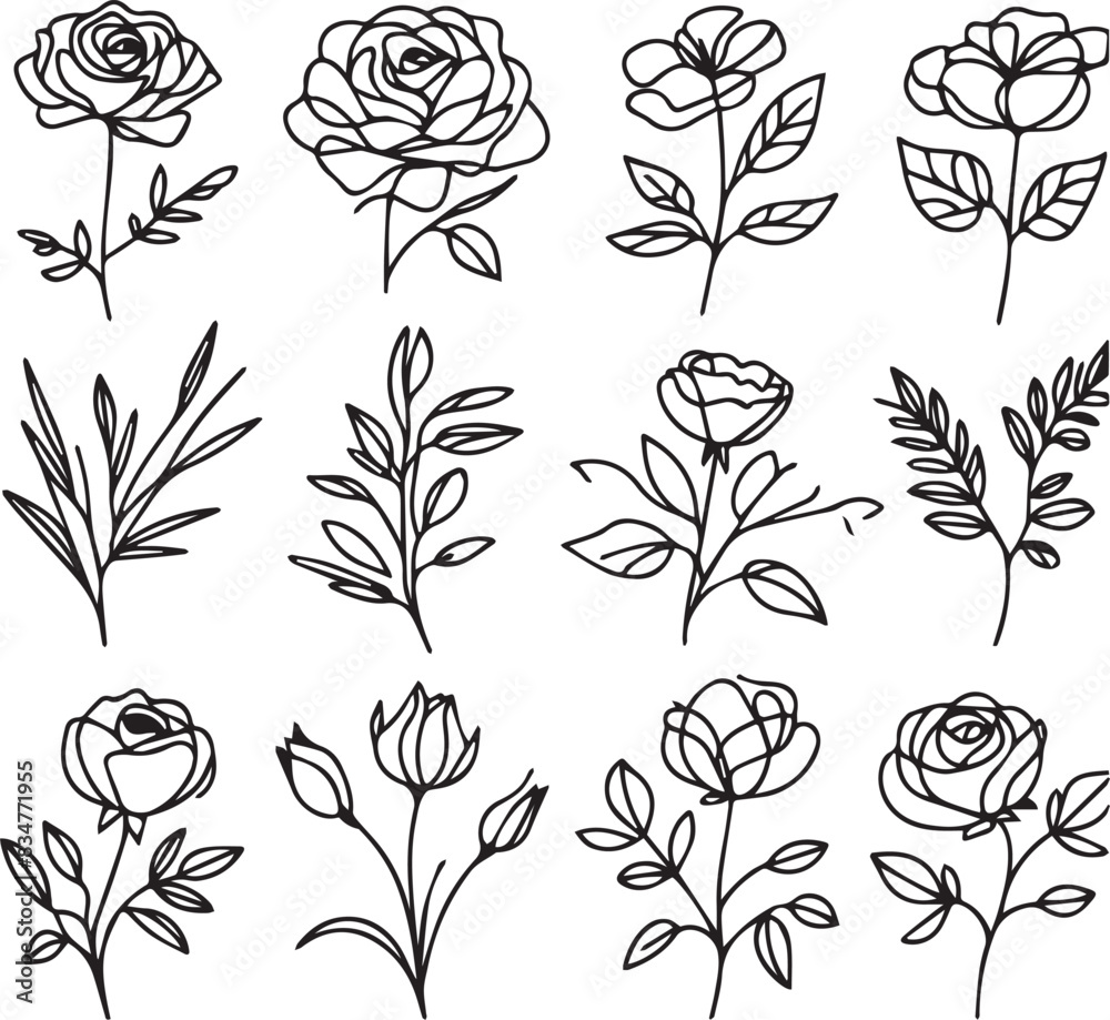 One line drawing Set of a decorative fresh blossoming rose silhouette with leaves isolated on white background hand drawn sketch. Vector stock illustration One line drawing Set of a decorative fresh blossoming rose silhouette with leaves isolated on white background hand drawn sketch. Vector stock illustration