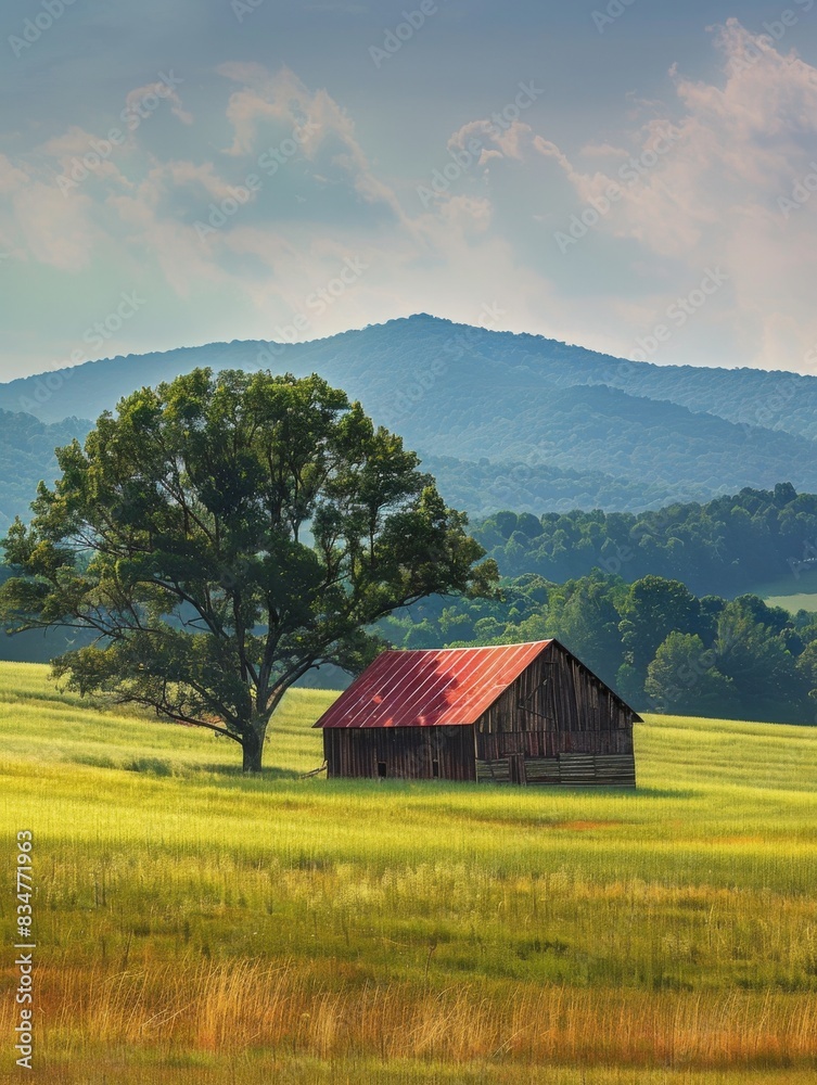 Rustic Barn and Majestic Tree Against Tennessee Mountain Landscape Nature Photography Rustic Barn and Majestic Tree Against Tennessee Mountain Landscape Nature Photography