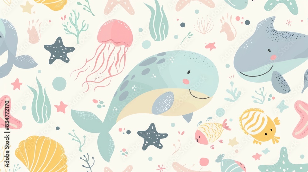 A delightful pattern of pastel cartoon sea creatures, like whales, starfish, and jellyfish, set against a soft, ocean-themed background A delightful pattern of pastel cartoon sea creatures, like whales, starfish, and jellyfish, set against a soft, ocean-themed background