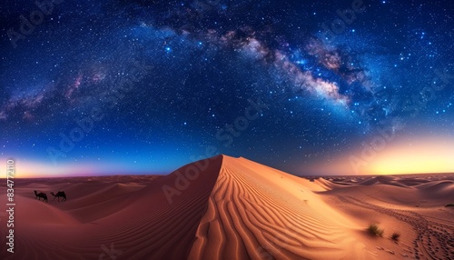 Huge sand dunes of the desert  camel caravans and starry night scenes  the Milky Way against a white desert background  3D rendering creates a realistic style with fine textures and spectacular views 