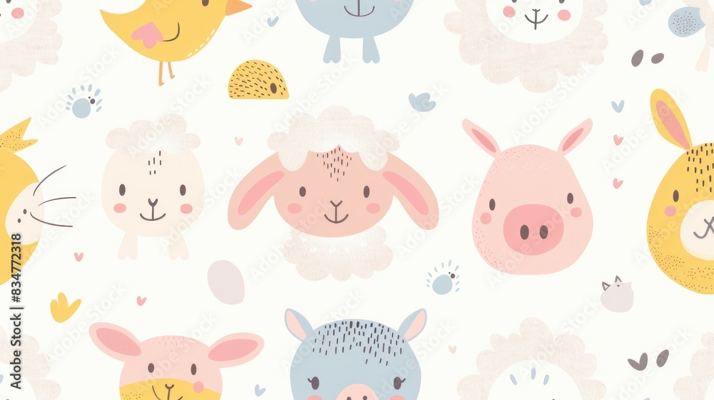 A charming pattern of pastel cartoon baby animals, like lambs, chicks, and piglets, perfect for nursery decor or baby clothing