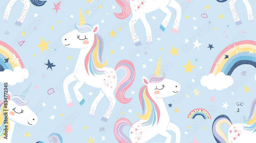 A whimsical fabric pattern with pastel cartoon unicorns, rainbows, and stars, creating a dreamy and enchanting design A whimsical fabric pattern with pastel cartoon unicorns, rainbows, and stars, creating a dreamy and enchanting design