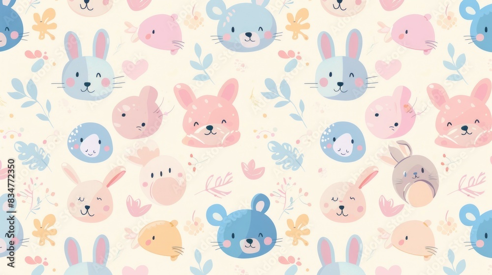 A seamless pattern featuring cute pastel-colored cartoon animals, including bunnies, bears, and kittens, with soft and soothing background tones A seamless pattern featuring cute pastel-colored cartoon animals, including bunnies, bears, and kittens, with soft and soothing background tones