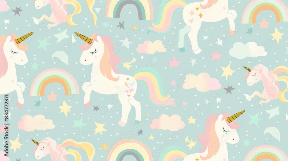 A whimsical fabric pattern with pastel cartoon unicorns, rainbows, and stars, creating a dreamy and enchanting design A whimsical fabric pattern with pastel cartoon unicorns, rainbows, and stars, creating a dreamy and enchanting design