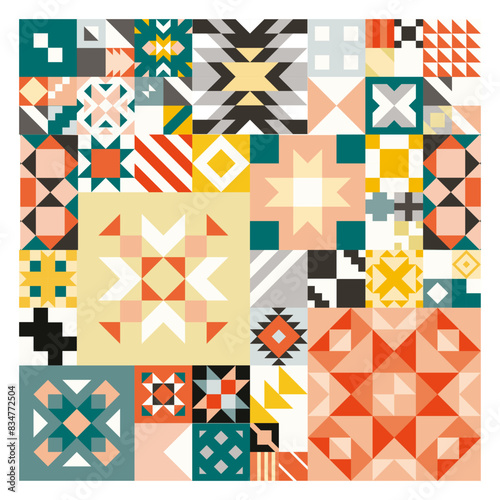 Abstract background with mosaic collection of colorful geometric patterns, illustration vector 