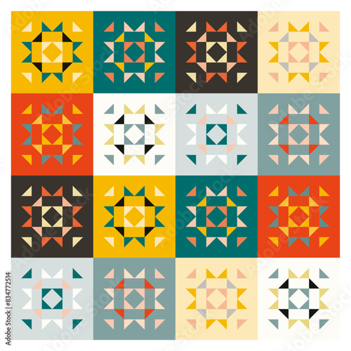 Abstract background with mosaic collection of colorful geometric patterns, illustration vector 