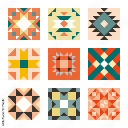 Abstract background with mosaic collection of colorful geometric patterns, illustration vector 