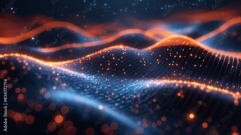 Abstract network wave and a glowing blue and orange particle data on dark background. Abstract network wave and a glowing blue and orange particle data on dark background.