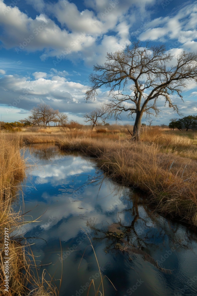 Fototapeta premium Scenic Fantasy Landscape of Texas Prairie with Reflective Pond under Dramatic Sky