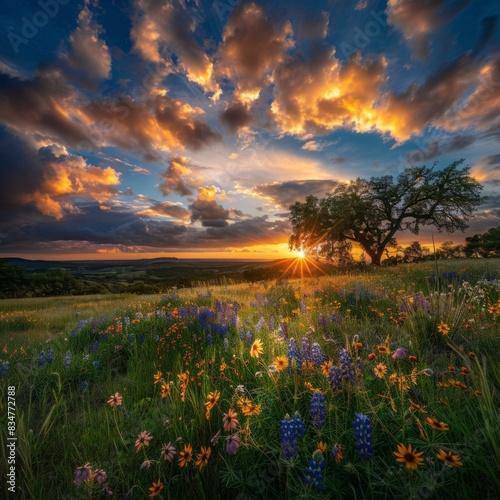 Stunning Texas Landscape with Sunset, Wildflowers, and Rolling Hills Perfect for Nature and Travel Designs