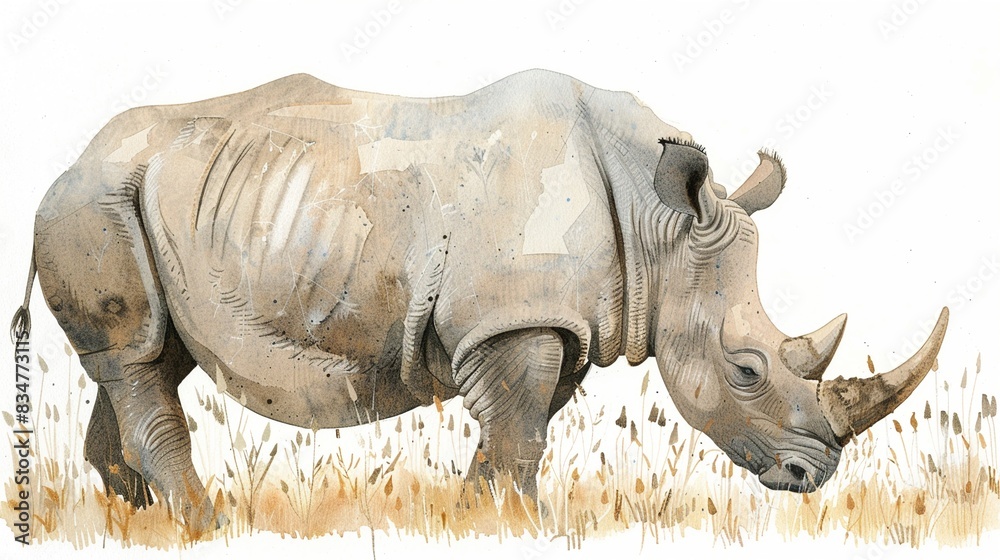 Fototapeta premium Rhino grazing on grassland, complete with a cute,The scene is set against a pure white background
