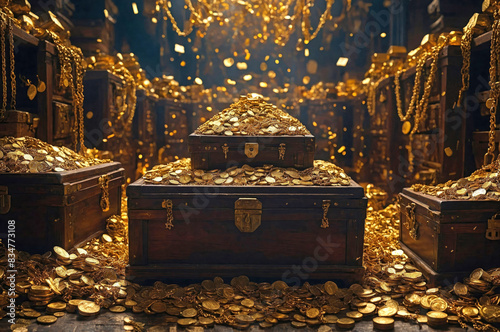 An image of treasure chests and gold coin, bar, chain
