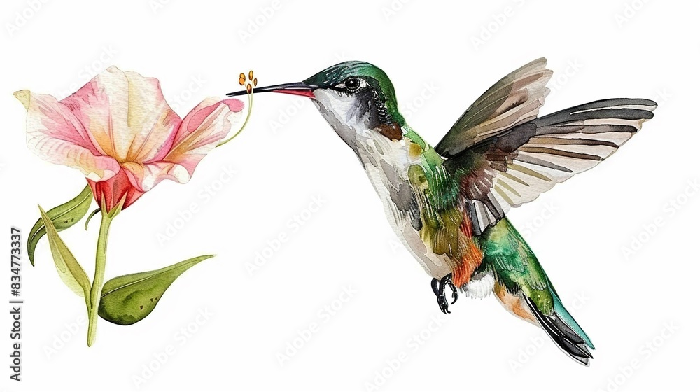 Obraz premium Hummingbird sipping nectar from a flower, complete with a cute,The scene is set against a pure white background