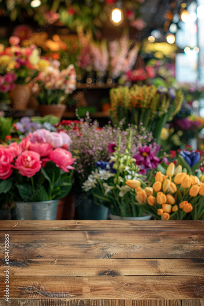 Fototapeta premium A wooden counter in the foreground with a blurred background of a flower shop. The background features various bouquets, potted plants, floral arrangements, and a colorful, fragrant display.