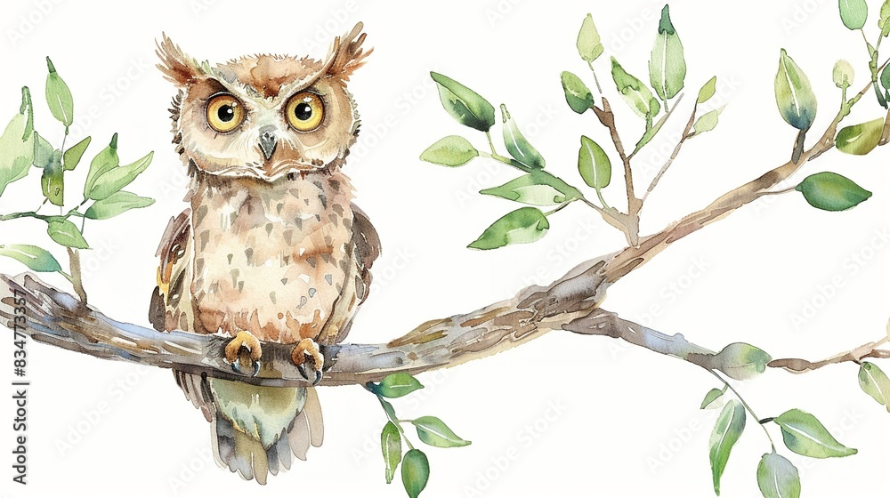 Owl perched on a tree branch, complete with a cute,The scene is set against a pure white background Owl perched on a tree branch, complete with a cute,The scene is set against a pure white background