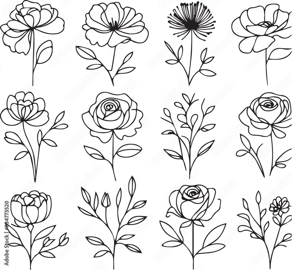 set of black and white flowers set of black and white flowers