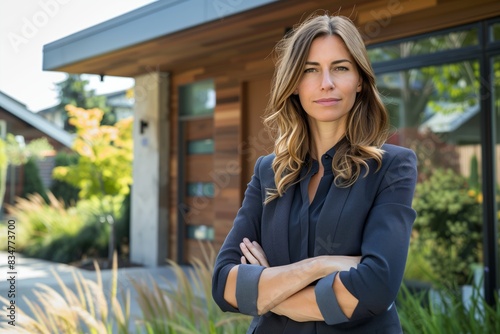 Confident woman real estate agent stands proudly outside a modern home, radiating expertise and approachability, ready to assist potential house buyers © Dario Berardi