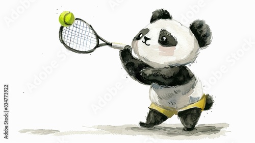 Panda as a tennis player serving a ball, complete with a cute,The scene is set against a pure white background photo