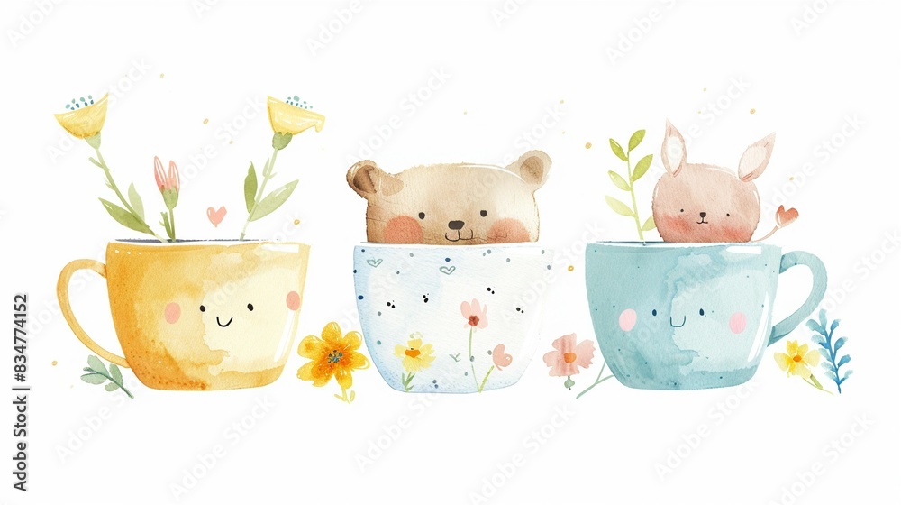 Mom-themed mugs and teacups, complete with a cute,The scene is set against a pure white background Mom-themed mugs and teacups, complete with a cute,The scene is set against a pure white background