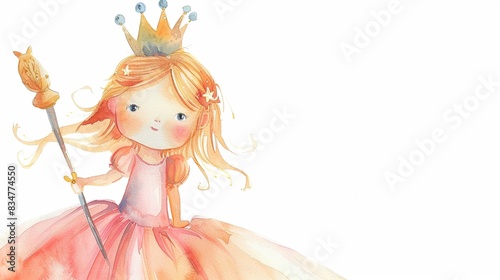 Princess with a tiara and scepter, complete with a cute,The scene is set against a pure white background