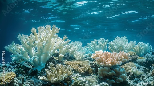 Dead coral reefs juxtaposed with vibrant  healthy reefs  showcasing the devastating impact of ocean acidification and coral bleaching.