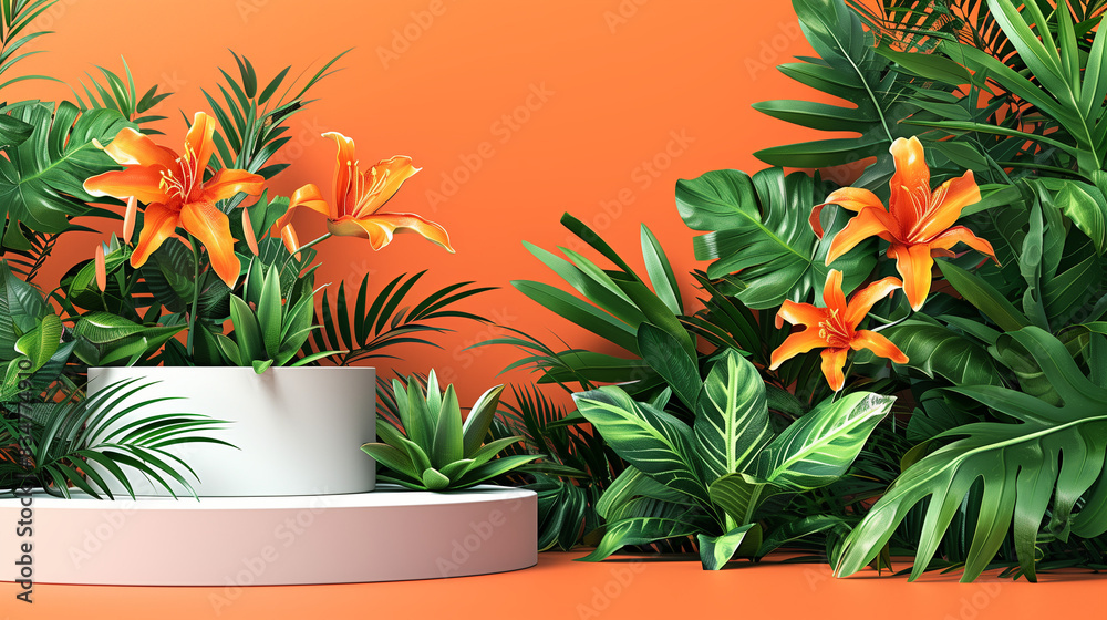 Front view of white and orange podium with and flower in a orange background for advertising , abstract content, Abstract minimal nature scene - empty stage with three white rectangle podiums Front view of white and orange podium with and flower in a orange background for advertising , abstract content, Abstract minimal nature scene - empty stage with three white rectangle podiums