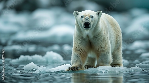 A polar bear stranded on a melting ice floe, symbolizing the plight of vulnerable species in the face of habitat destruction.