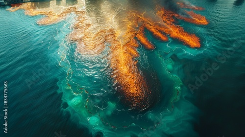 An oil spill spreading across the ocean surface, highlighting the environmental catastrophe of offshore drilling and maritime accidents. © DARIKA