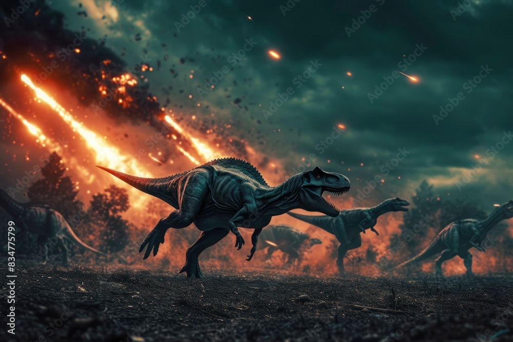 Fototapeta premium Predatory Dinosaurs Running from Fiery Meteorite Fall.Generative ai.