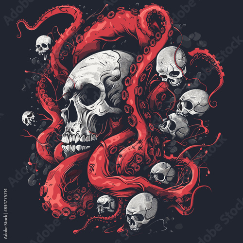 Skulls with red tentacles and blood on black background. Vector illustration