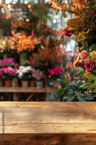 A wooden counter in the foreground with a blurred background of a flower shop. The background features various bouquets  potted plants  floral arrangements  and a colorful  fragrant display.